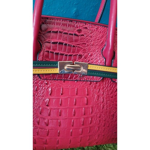 Faux Ostrich Handbag Shoulder bag Mezon Red w/ Snakeskin Accents - Picture 2 of 11